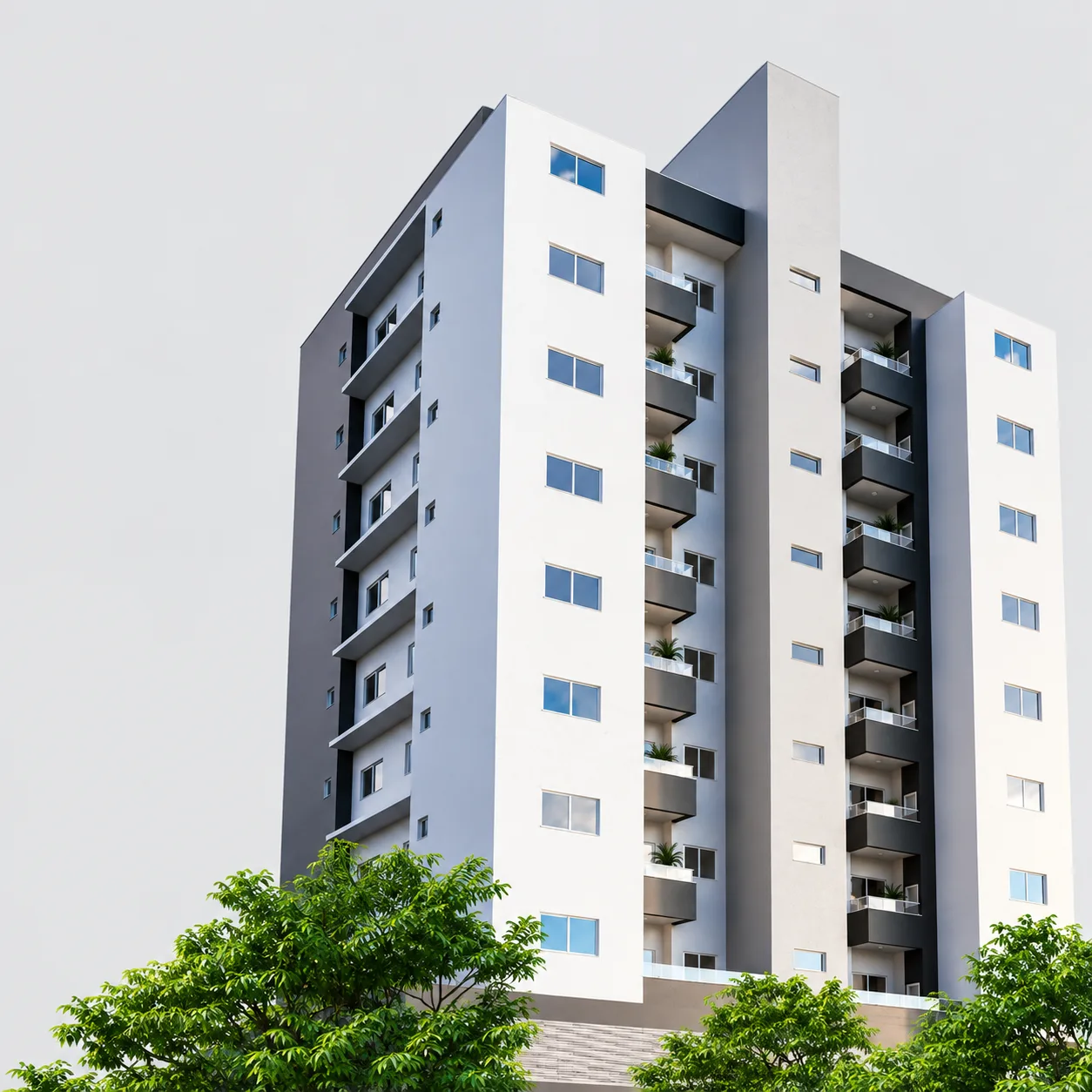 Arquitectura residencial con balcones y áreas verdes