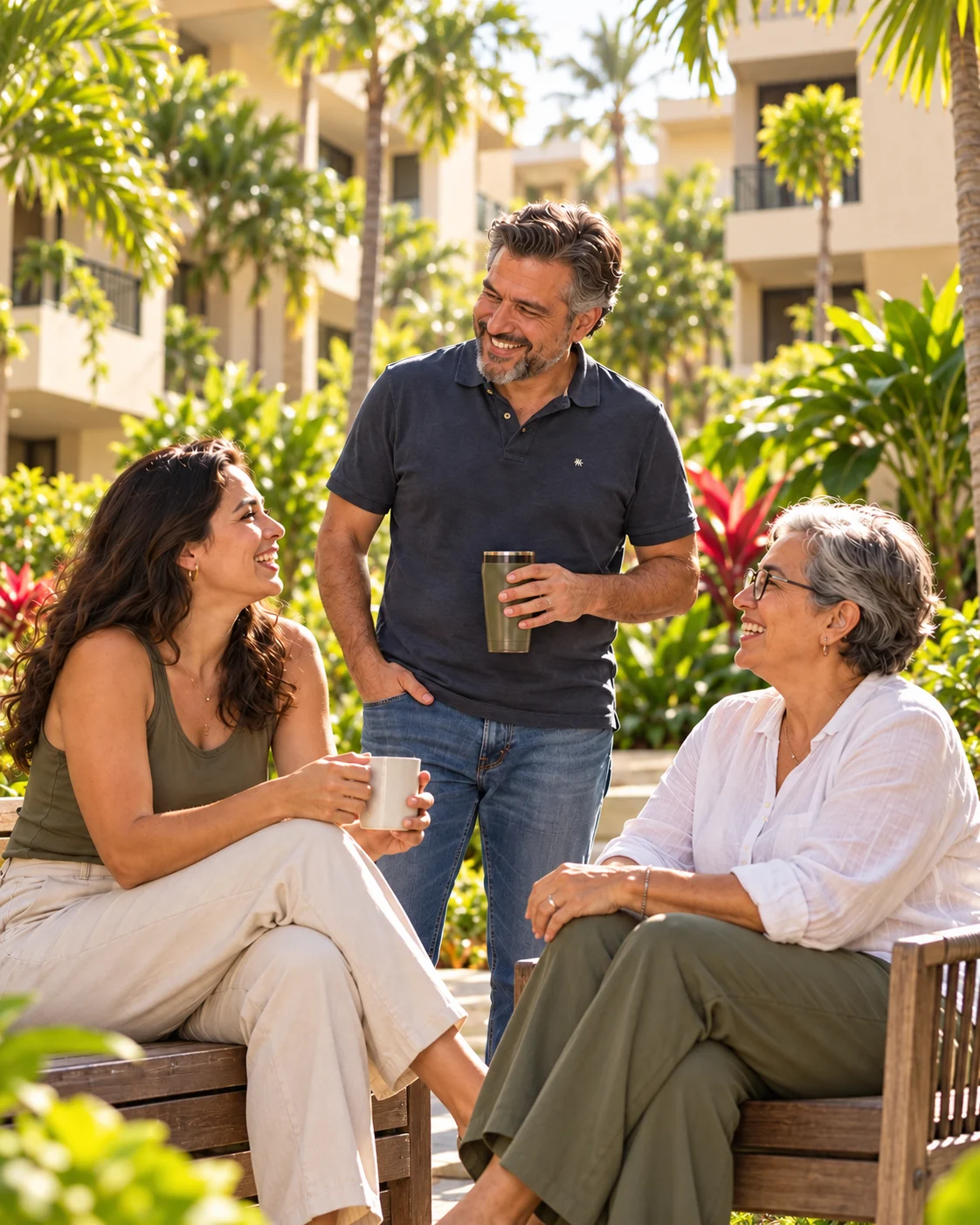 Neighbors talking in a residential courtyard