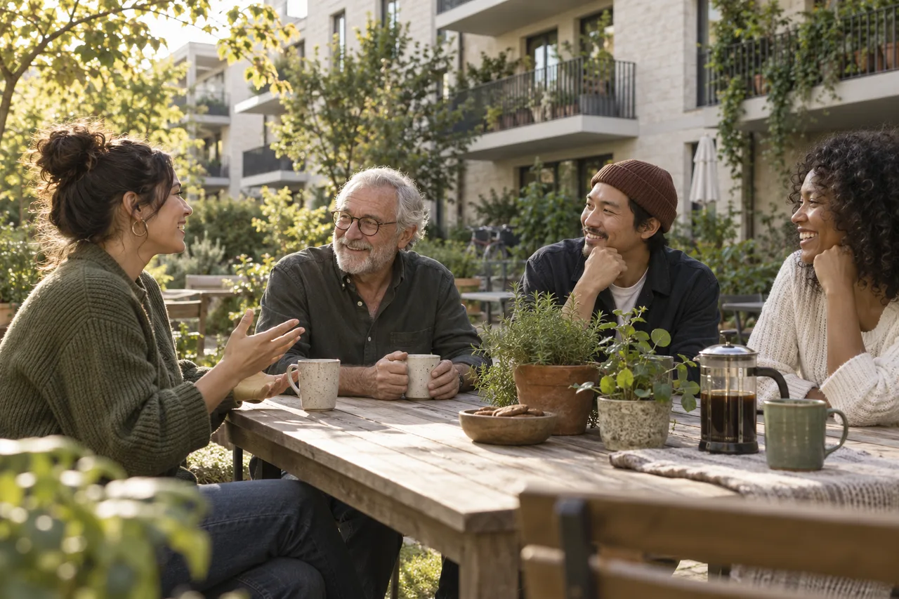 Neighbors sharing a conversation in a community garden